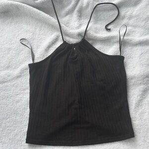 Divided Black Ribbed Halter Tank Top
